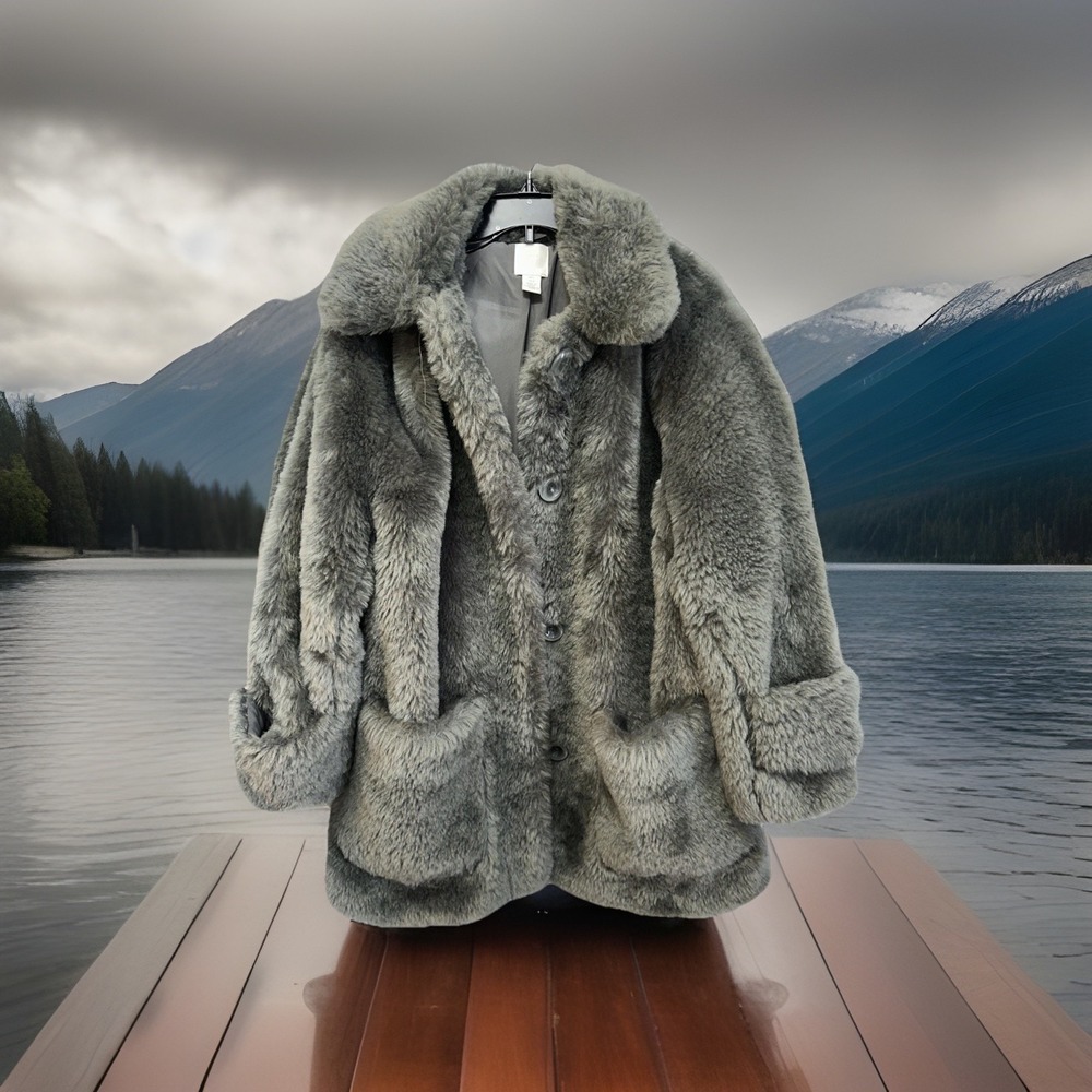 H & M Silver/Gray Coat Faux Fur Soft Pockets Size Women's L Large Teddy